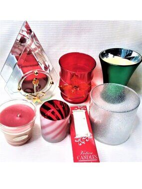 VTG Christmas Votive Candles Holders Glitter Poinsettia Glass Mirror 9pc Holiday